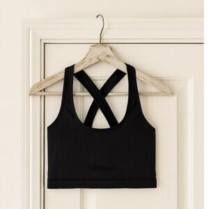 Spiritual Gangster Black Ribbed Sports Bra Crop Tank Crisscross Activewear XS/S